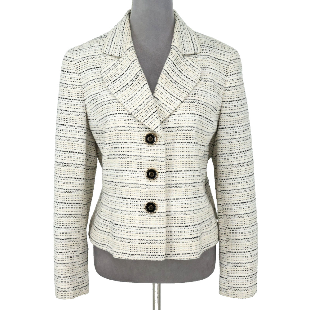 Kasper Jacket Womens 12 Ivory Black Stripe Cotton Tweed Lined Blazer